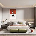 Modern Bedroom Interior Design With Comfortable Bed Striped Wall Green Ottoman And Artwork 3d model