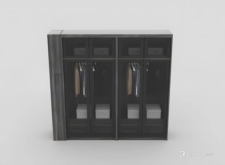 Modern Double Door Wardrobe with Hanging Clothes Storage Boxes and Dark Wood Finish 3d model 