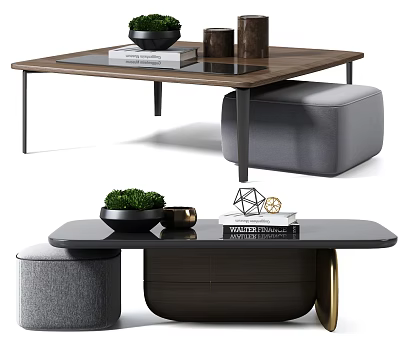Modern Black And Wooden Coffee Table With Books Green Plant Decorative Items And Gray Ottoman 3d model