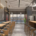 Modern Restaurant Interior With Geometric Ceiling Tables Chairs Bar Counter And Wall Decor