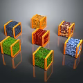 Cubes With Orange Borders Featuring Various Textures Like Grass Stone Brick And Dirt 3d model