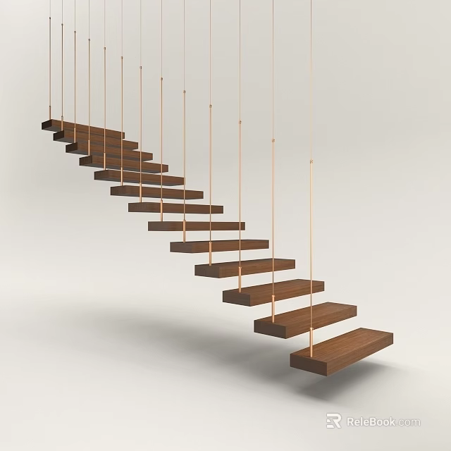 Modern Suspended Staircase Design With Wooden Steps And Metal Cable Supports 3d model 