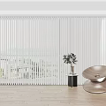 White Blinds Covering Window in Bright Interior with Wooden Floor Brown Chair and Plant Vase