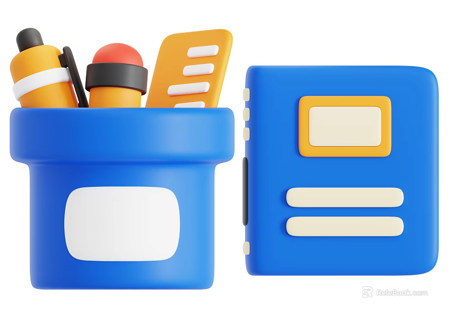 Blue Stationery Container With Ruler Pens Eraser And Blue Box With Yellow Accents 3d model 