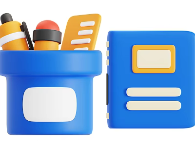 Blue Stationery Container With Ruler Pens Eraser And Blue Box With Yellow Accents 3d model