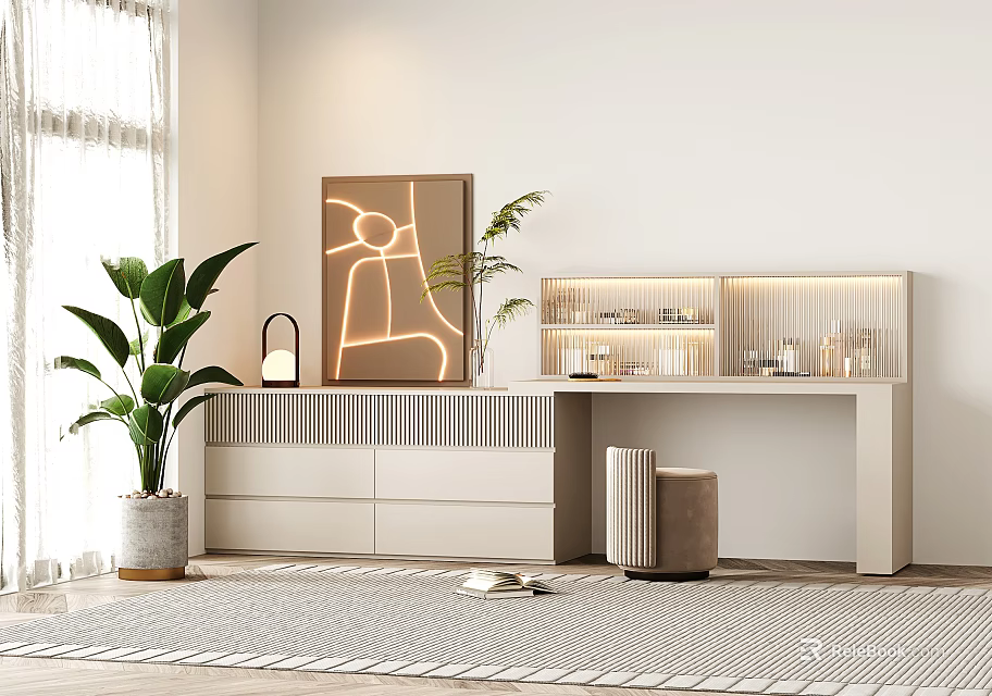 Modern Minimalist Dressing Table With Drawers Stool Potted Plant Artwork And Lighting 3d model