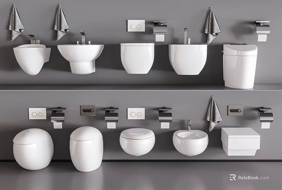 White Toilets in Various Modern Design Styles Displayed on Bathroom Shelves 3d model 
