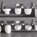 White Toilets in Various Modern Design Styles Displayed on Bathroom Shelves