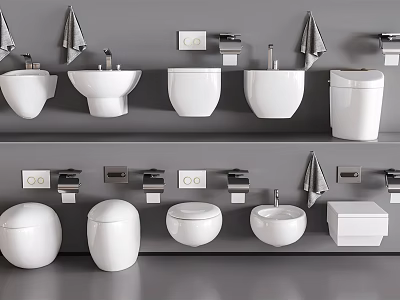 White Toilets in Various Modern Design Styles Displayed on Bathroom Shelves 3d model