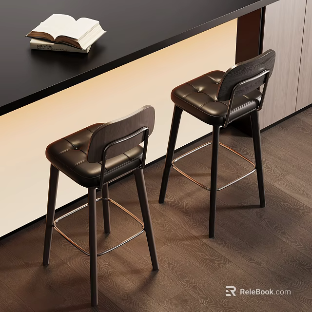 Modern Black Leather Bar Stools With Wooden Backrest And Metal Footrest 3d model 