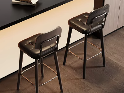 Modern Black Leather Bar Stools With Wooden Backrest And Metal Footrest 3d model