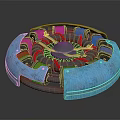 Blue Circular Mechanical Device with Red Green Coils and Central Silver Metal Components 3d model