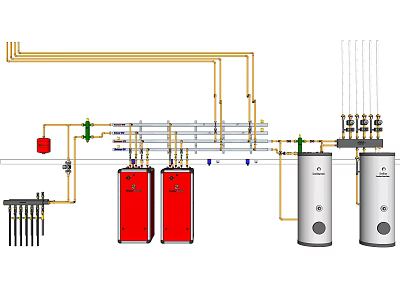 Industrial Equipment Piping System With Red And Silver Tanks Valves And Components 3d model