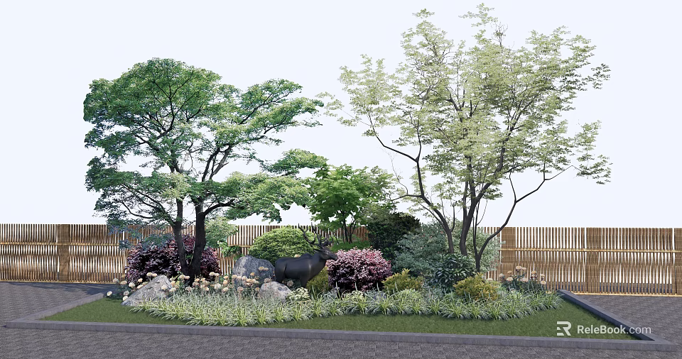 Lush Arbor Garden Landscape With Green Foliage Colorful Shrubs And Stone Decorations 3d model 