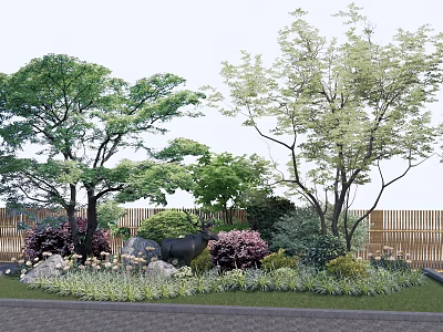 Lush Arbor Garden Landscape With Green Foliage Colorful Shrubs And Stone Decorations 3d model