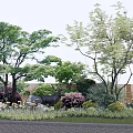 Lush Arbor Garden Landscape With Green Foliage Colorful Shrubs And Stone Decorations
