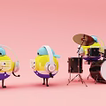 Yellow Cartoon Characters With Headphones And Hat Playing Drum Set On Pink Background