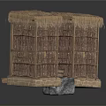 Modern Rustic Bamboo Structures With Thatched Roofs Stone Slab And Wooden Bucket