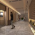 Modern Luxury Elevator Corridor With Polished Marble Flooring Warm Ambient Lighting And Tasteful Greenery
