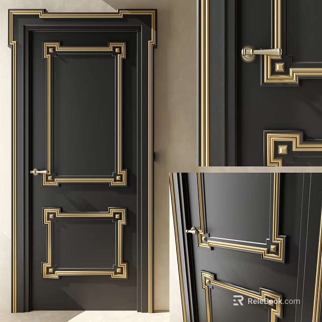 Black Swing Door With Gold Decorative Frames And Metal Handle Design 3d model 