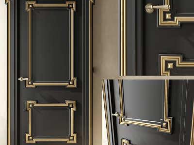 Black Swing Door With Gold Decorative Frames And Metal Handle Design 3d model