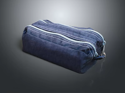 Dark Blue Velvet Pouch with Double Zippers and White Stitching Stylish Travel Organizer 3d model