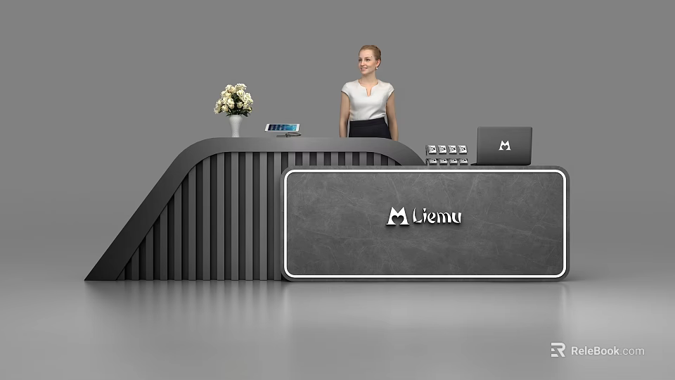 Modern Reception Desk With Ribbed Design Flower Arrangement Tablet And Menu Sign 3d model 