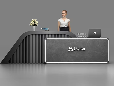Modern Reception Desk With Ribbed Design Flower Arrangement Tablet And Menu Sign 3d model