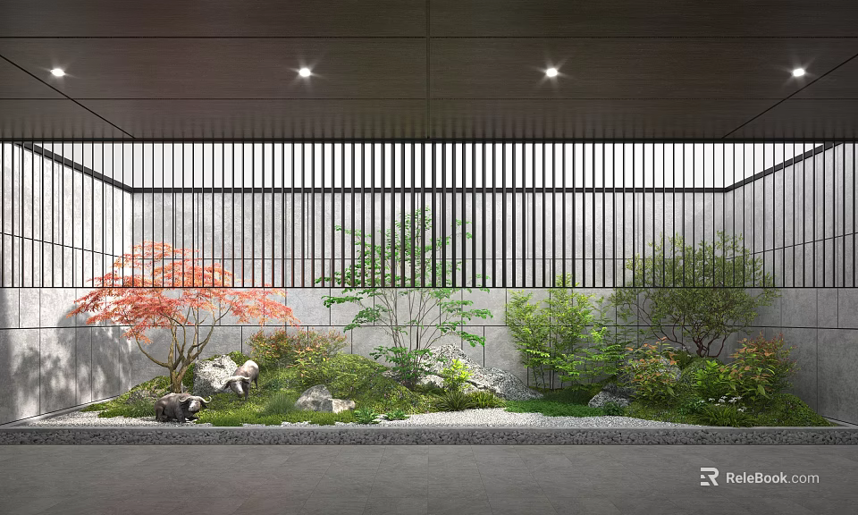 Tranquil Courtyard Garden With Red Maple Tree Green Shrubs Stones And Slatted Screen Lighting 3d model 