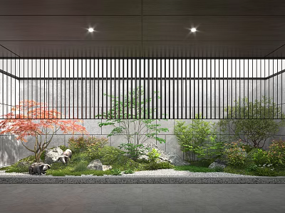 Tranquil Courtyard Garden With Red Maple Tree Green Shrubs Stones And Slatted Screen Lighting 3d model