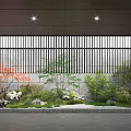 Tranquil Courtyard Garden With Red Maple Tree Green Shrubs Stones And Slatted Screen Lighting