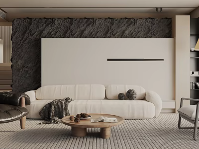 Modern Living Room With White Sofa Wooden Coffee Table Textured Black Wall And Gray Rug 3d model