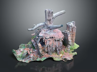 Lush Green Mossy Plants Growing On Tree Stump And Roots With Brick Structure 3d model