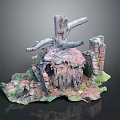Lush Green Mossy Plants Growing On Tree Stump And Roots With Brick Structure