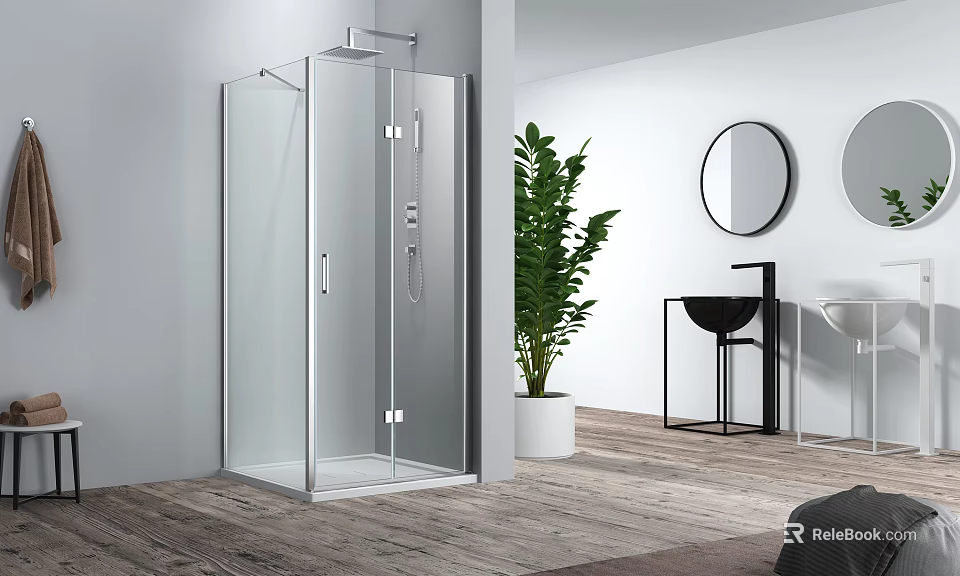 Modern Bathroom Interior With Transparent Glass Shower Enclosure Round Mirror Black Sink And Green Plant 3d model 