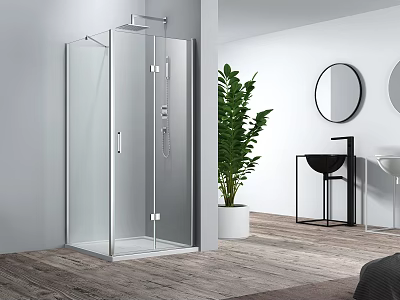 Modern Bathroom Interior With Transparent Glass Shower Enclosure Round Mirror Black Sink And Green Plant 3d model