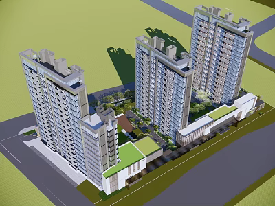 Modern High Rise Residential Apartment Buildings With Green Community Spaces And Roads 3d model