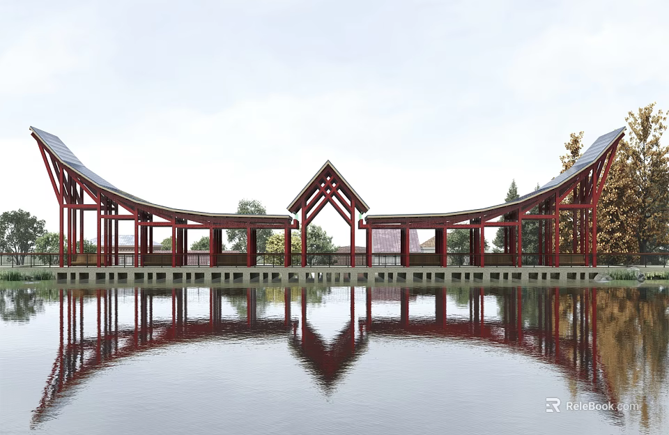 Red Wooden Bridge With Curved Triangular Roof Design And Water Surface Reflection 3d model 