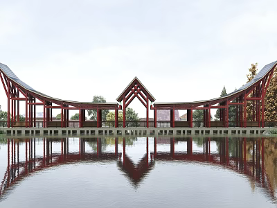 Red Wooden Bridge With Curved Triangular Roof Design And Water Surface Reflection 3d model