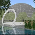 Scenic Landscape With Geodesic Dome White Arched Entrance Swimming Pool Clear Water Reflections And Greenery