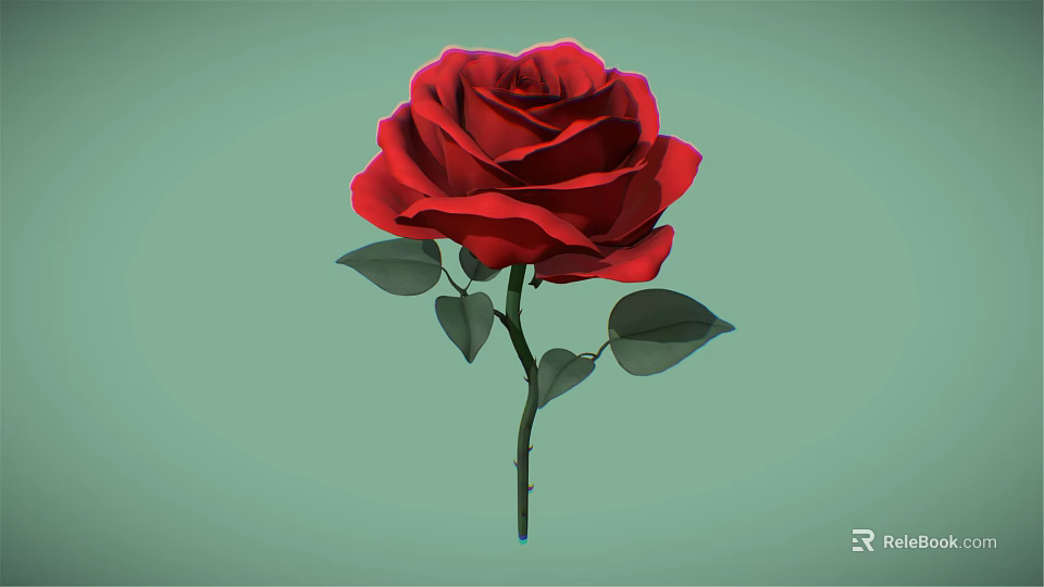 Vibrant Red Rose Flower With Fresh Green Leaves On Light Green Background 3d model 