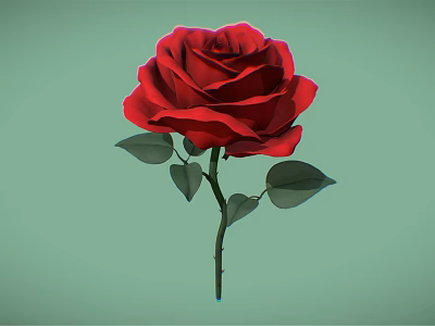 Vibrant Red Rose Flower With Fresh Green Leaves On Light Green Background 3d model