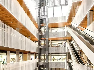 Modern Shopping Mall Interior Featuring Retail Stores Escalators Glass Skylights And Open Spaces 3d model