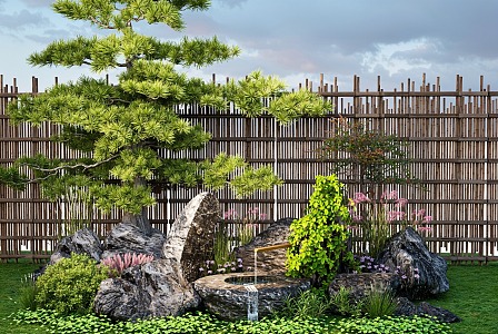 Modern landscape stone waterscape Luohan pine modeling tree stone landscape tree landscaping 3d model