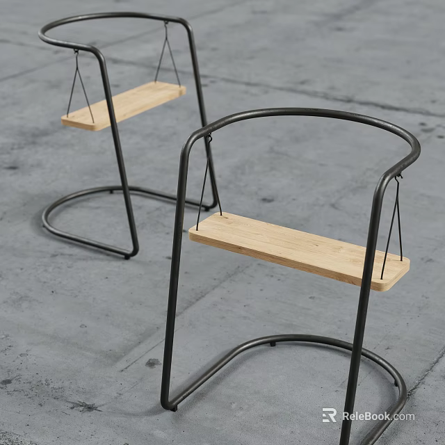 Modern Leisure Chairs with Black Metal Curved Frame and Wooden Seat in Stylish Design 3d model 