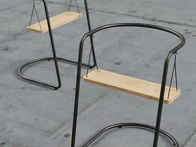 Modern Leisure Chairs with Black Metal Curved Frame and Wooden Seat in Stylish Design 3d model