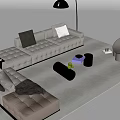 Modern Beige L shaped Sofa with Ottoman Round Glass Coffee Table and Green Plant Decorative Items