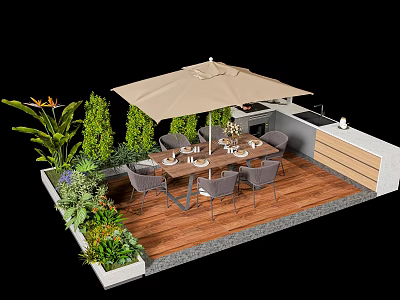 Outdoor Dining Table With Umbrella Chairs Tableware And Bar Counter On Wooden Deck With Greenery 3d model