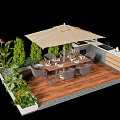 Outdoor Dining Table With Umbrella Chairs Tableware And Bar Counter On Wooden Deck With Greenery