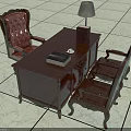 Vintage Wooden Desk with Leather Office Chair Table Lamp and Stack of Books
